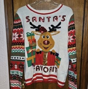 No Boundaries Juniors’ Christmas Sweater Ugly Reindeer/Rudolph Red Nose Size XL